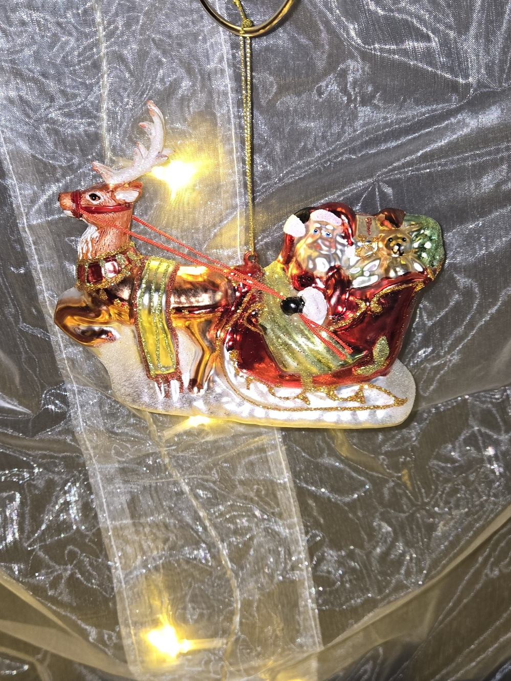 Glass Santa in Red Sleigh with Reindeer Holiday Ornament